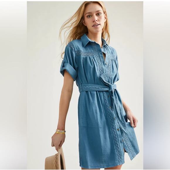 Anthropologie Women’s Rilke Lace Crochet Mini Shirtdress Denim Blue Small - Picture 1 of 10